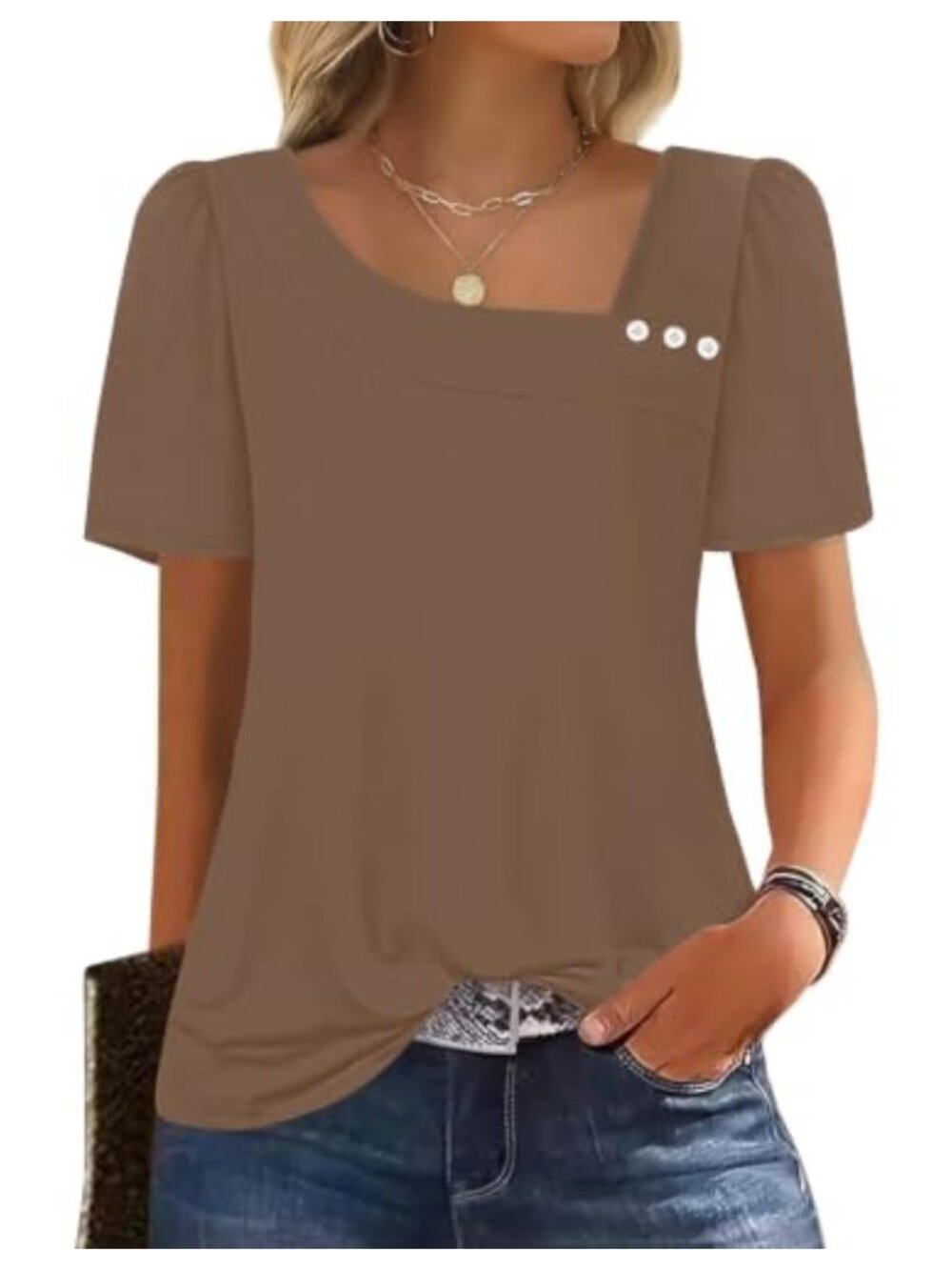 Womens Summer Tops Square Neck Short Sleeve Puff Sleeve Button T-Shirt Blouse